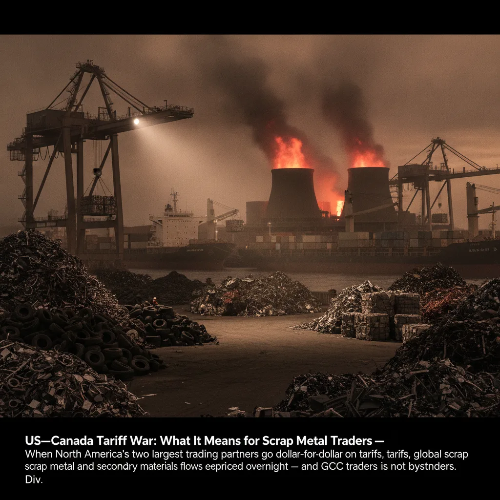 Editorial illustration — US–Canada Tariff War: What It Means for Scrap Metal Traders